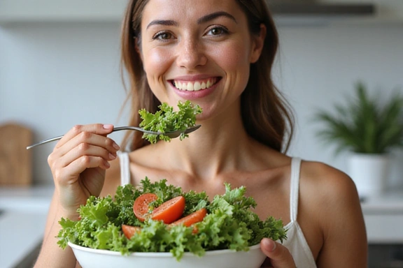Mujer sonriendo mientras come una ensalada fresca, simbolizando una alimentación saludable.