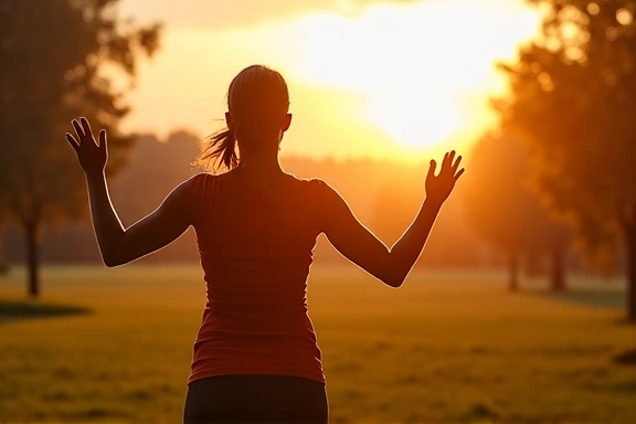 Persona haciendo ejercicios suaves en un parque al amanecer
