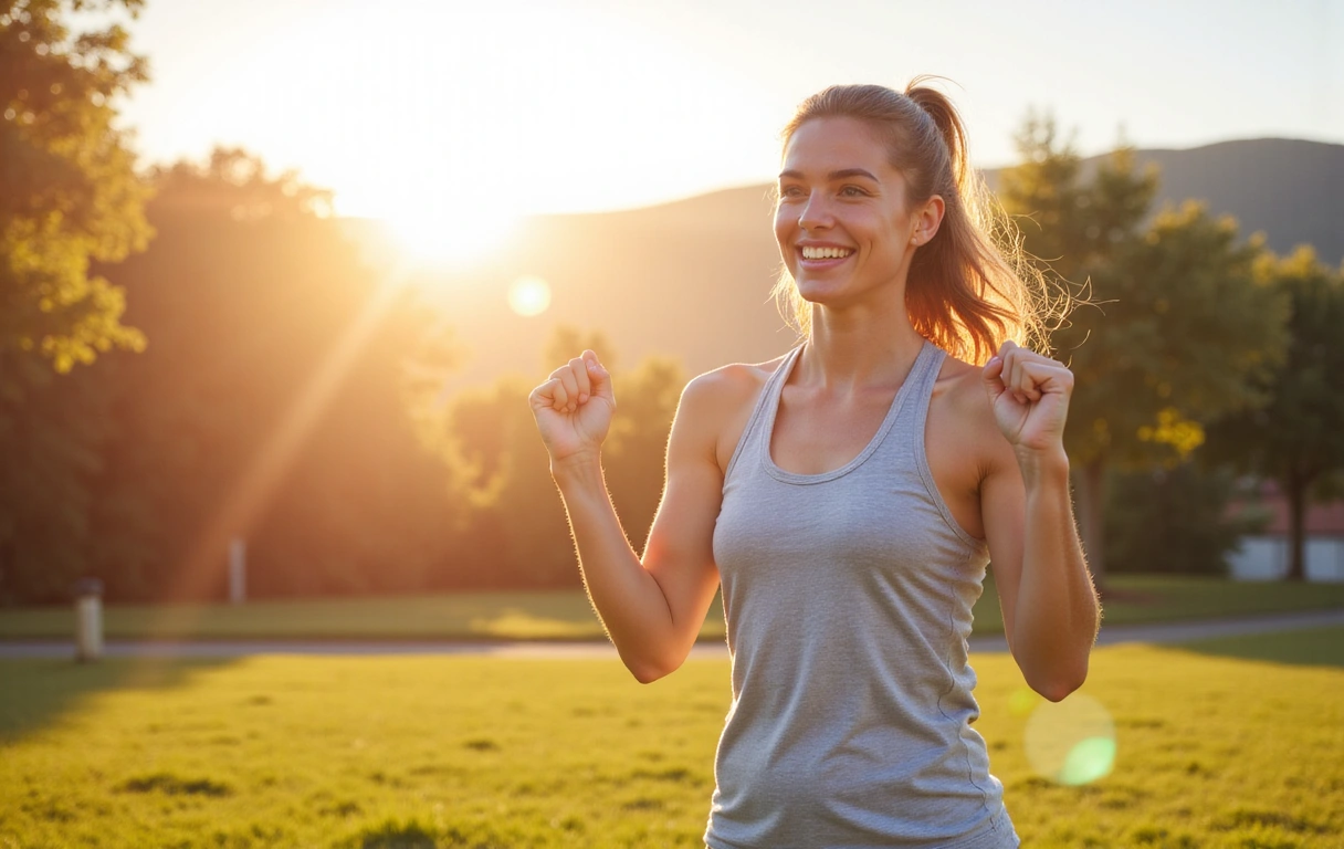 Persona sonriendo y haciendo ejercicio al aire libre, con energía y vitalidad, representando un estilo de vida saludable.