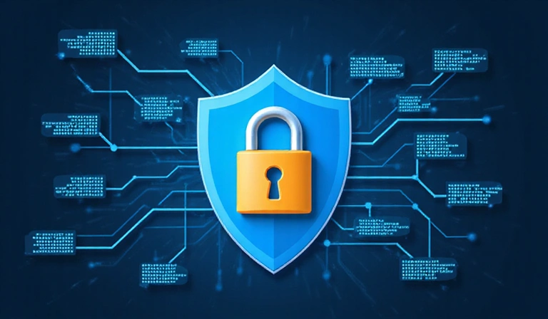 Ilustración de seguridad de datos con un candado y datos protegidos en un entorno digital.