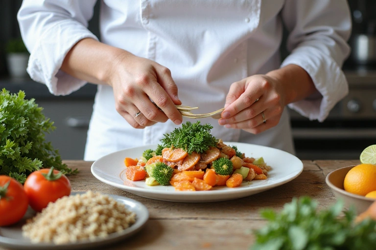 Chef preparando un plato saludable con ingredientes frescos