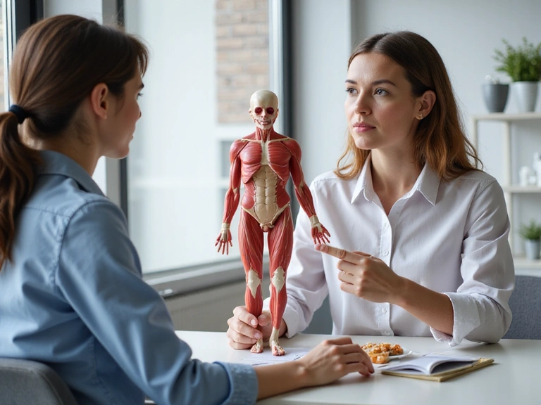 Nutricionista consultando a un paciente con un modelo anatómico.