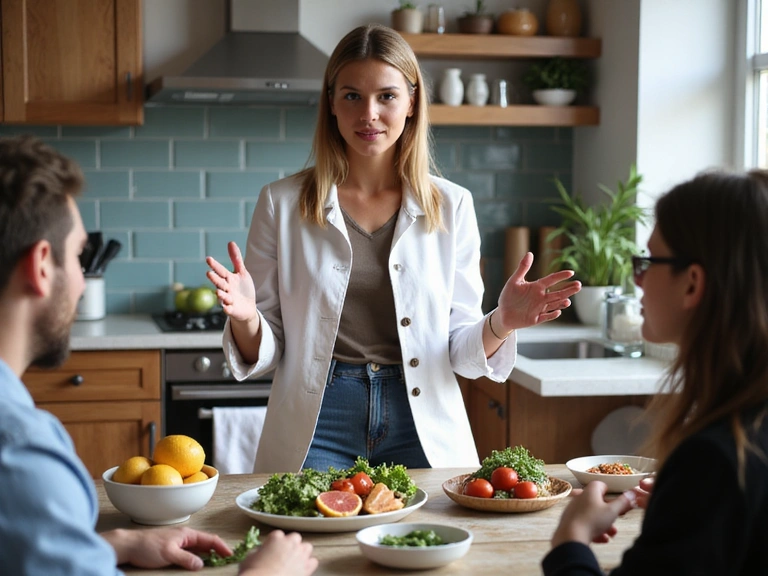 Nutricionista dando una charla informativa sobre alimentación saludable.
