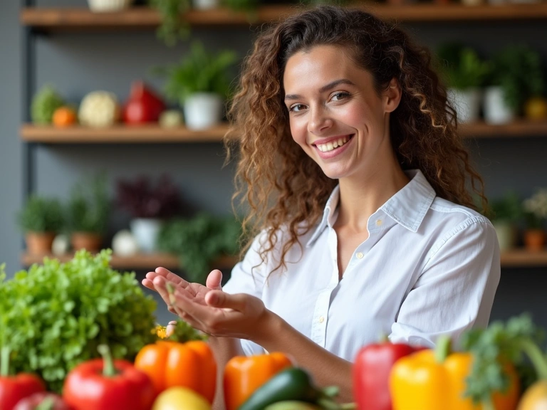 Nutricionista interactuando con frutas y verduras frescas.