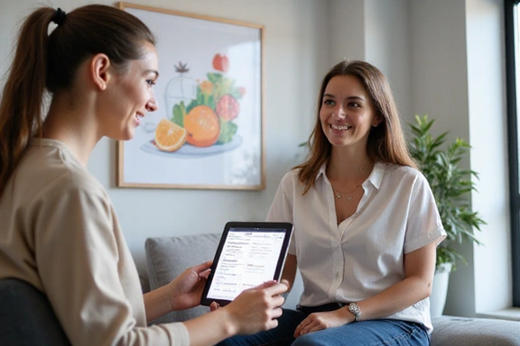 Nutricionista explicando un plan de alimentación a un paciente.