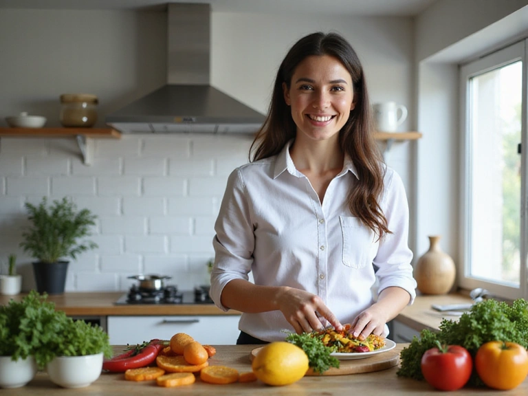 Nutricionista preparando una comida saludable en una cocina moderna.